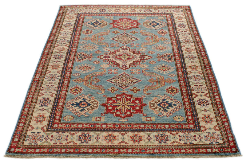 4x6 Light Blue and Ivory Kazak Tribal Rug