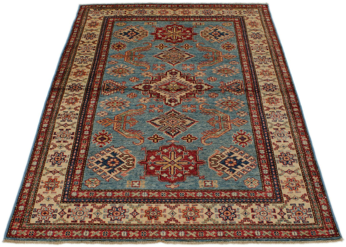4x6 Light Blue and Ivory Kazak Tribal Rug