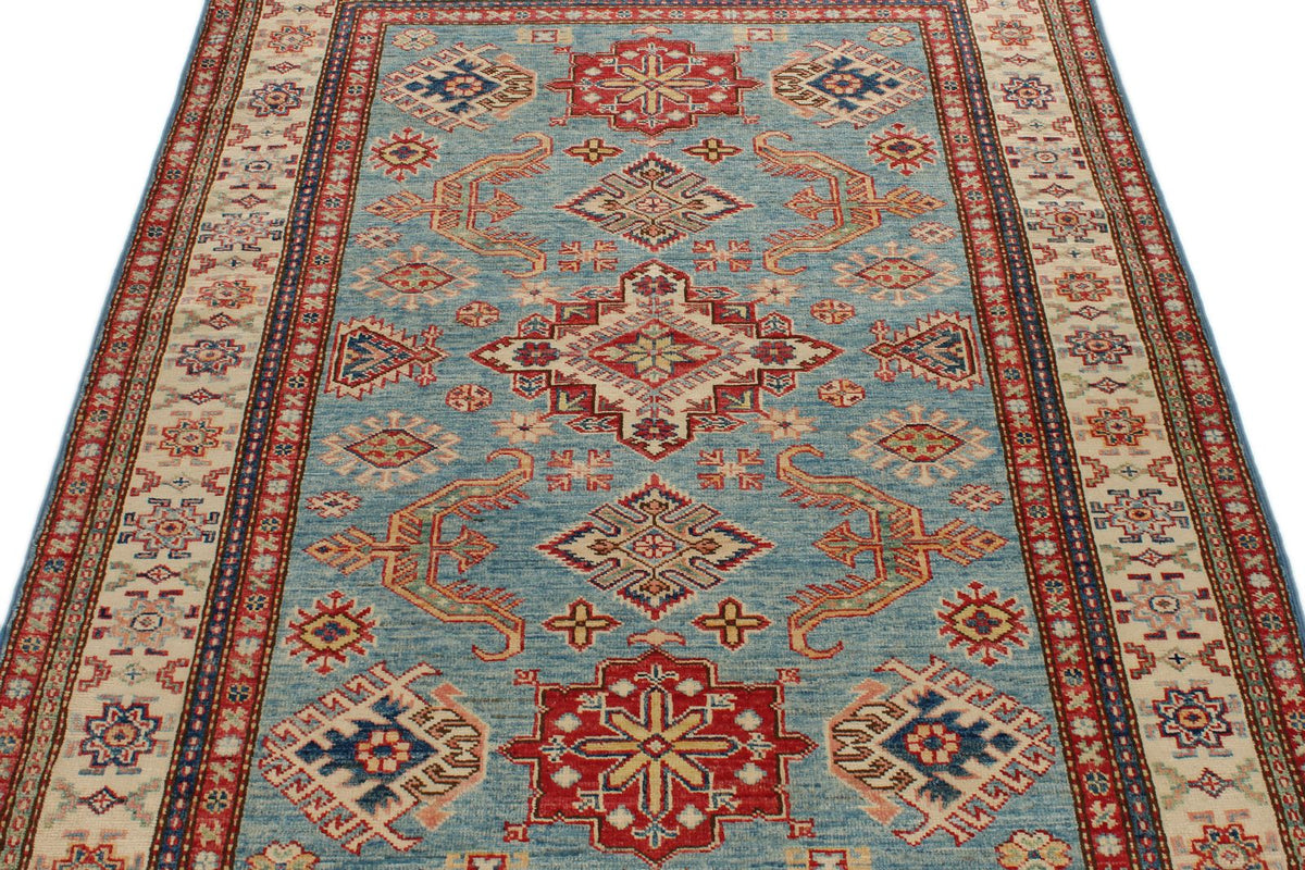 4x6 Light Blue and Ivory Kazak Tribal Rug