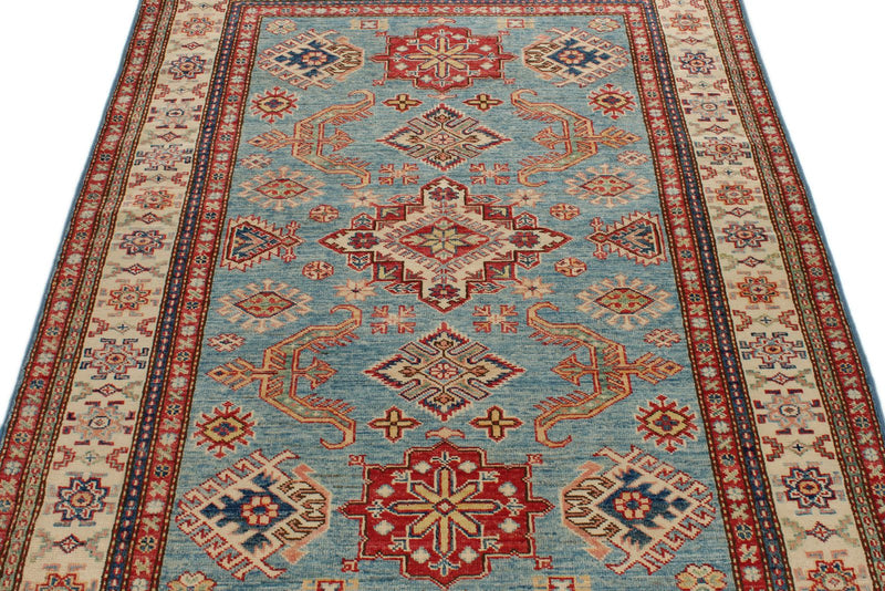 4x6 Light Blue and Ivory Kazak Tribal Rug