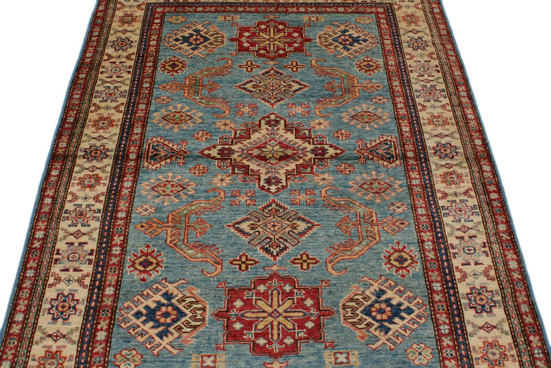4x6 Light Blue and Ivory Kazak Tribal Rug