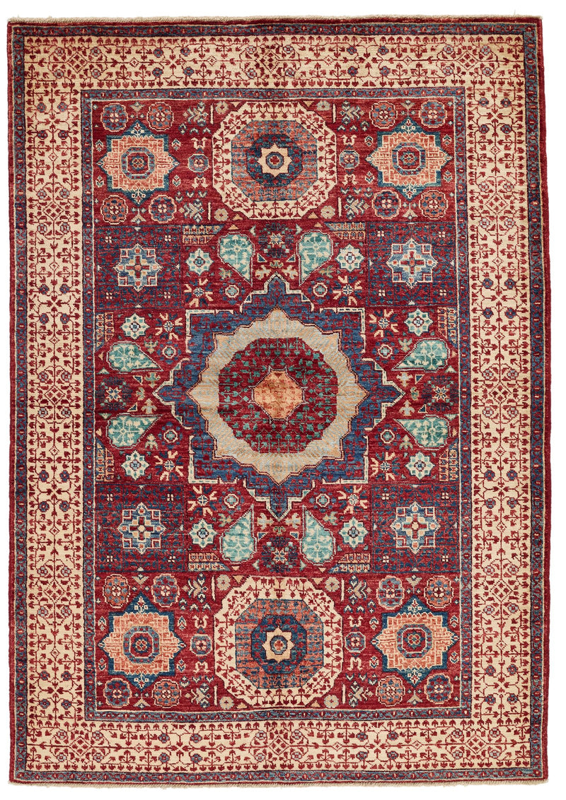 4x6 Red and Ivory Turkish Tribal Rug