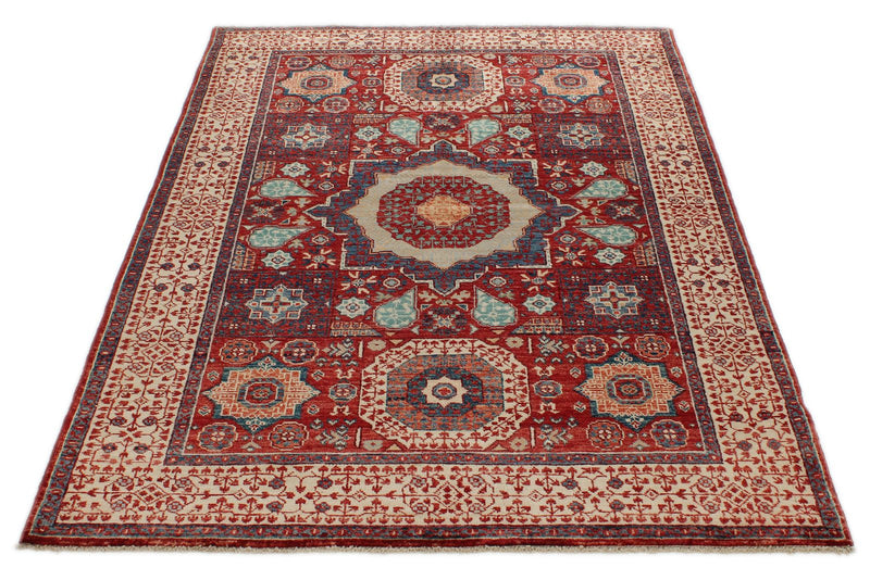 4x6 Red and Ivory Turkish Tribal Rug