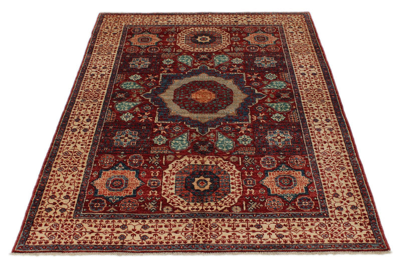 4x6 Red and Ivory Turkish Tribal Rug