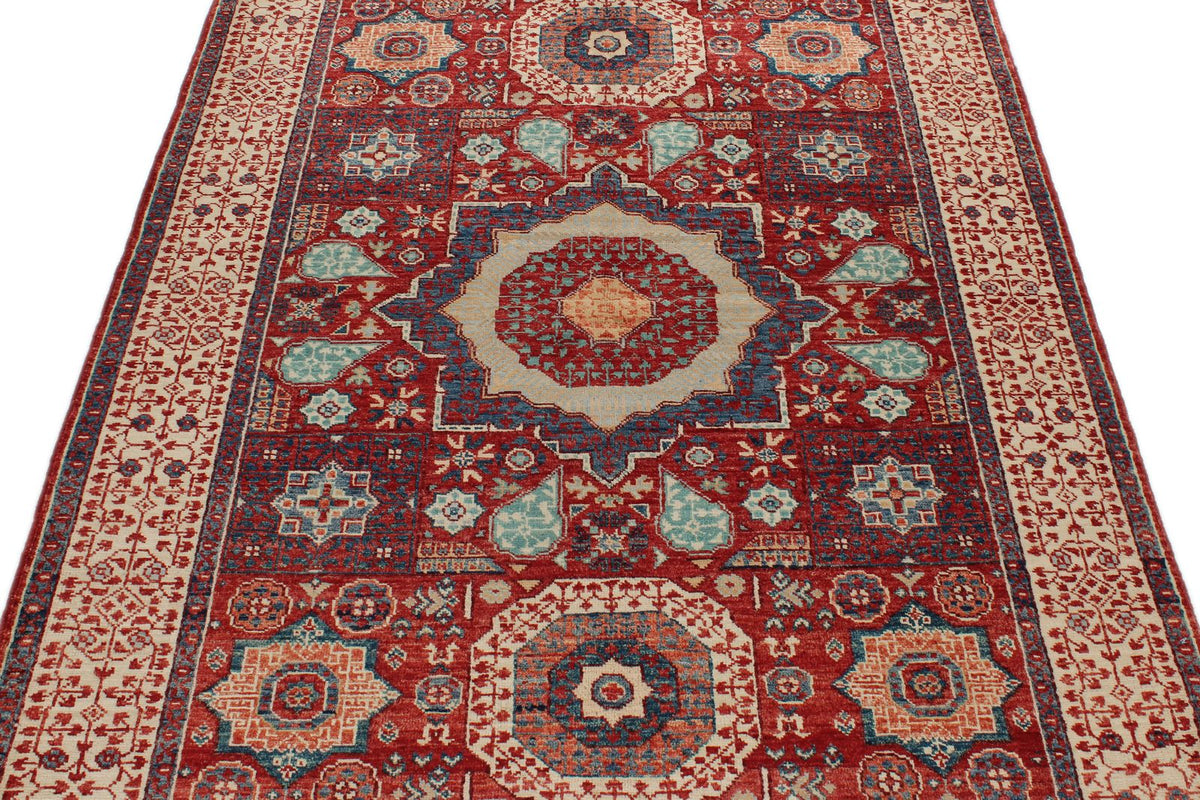 4x6 Red and Ivory Turkish Tribal Rug