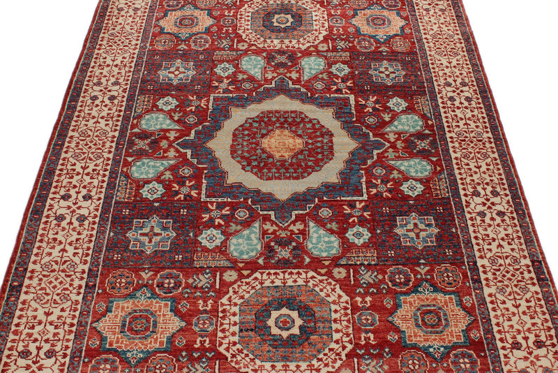 4x6 Red and Ivory Turkish Tribal Rug