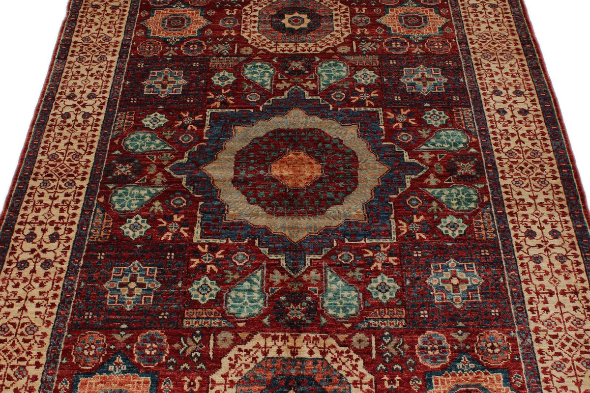 4x6 Red and Ivory Turkish Tribal Rug