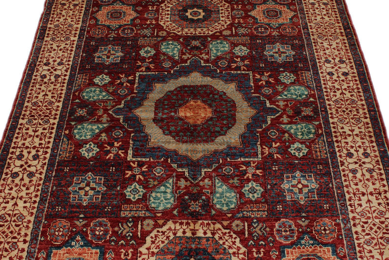 4x6 Red and Ivory Turkish Tribal Rug