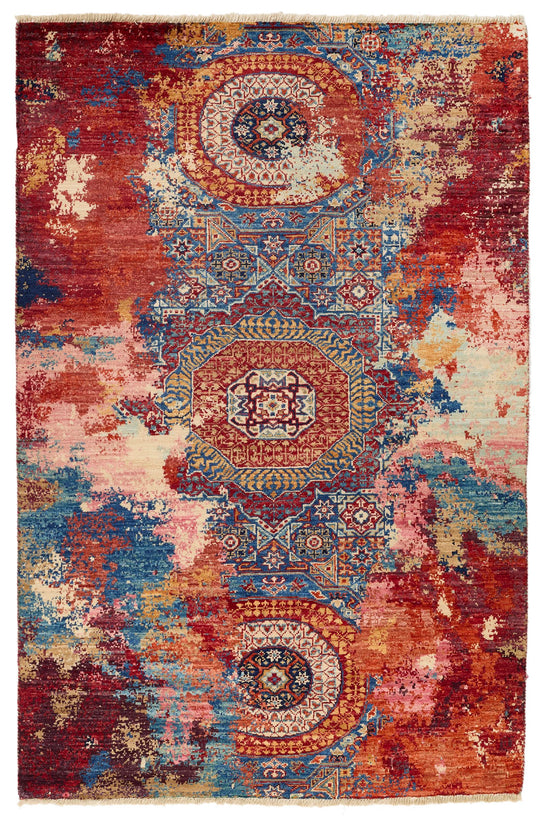 4x6 Red and Multicolor Turkish Tribal Rug