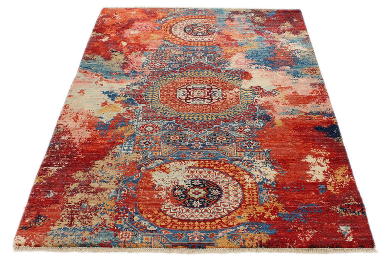 4x6 Red and Multicolor Turkish Tribal Rug