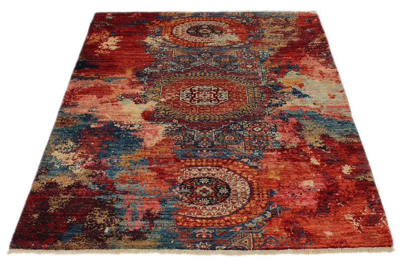 4x6 Red and Multicolor Turkish Tribal Rug