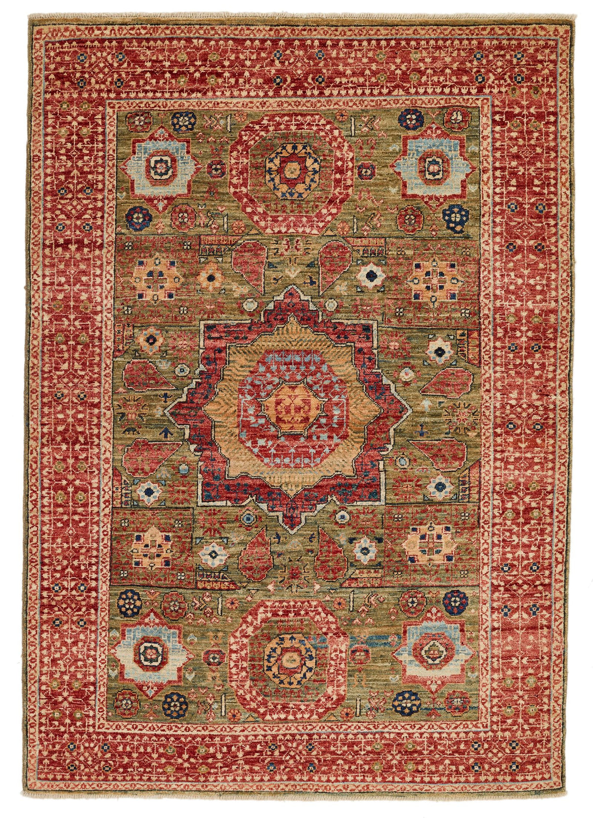 4x6 Green and Red Turkish Tribal Rug