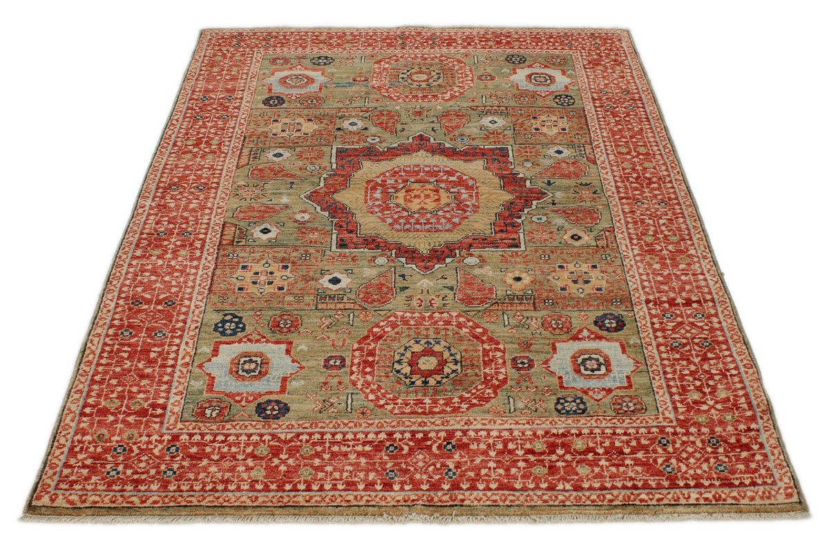 4x6 Green and Red Turkish Tribal Rug