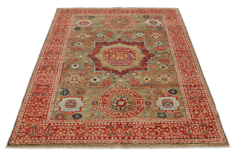 4x6 Green and Red Turkish Tribal Rug