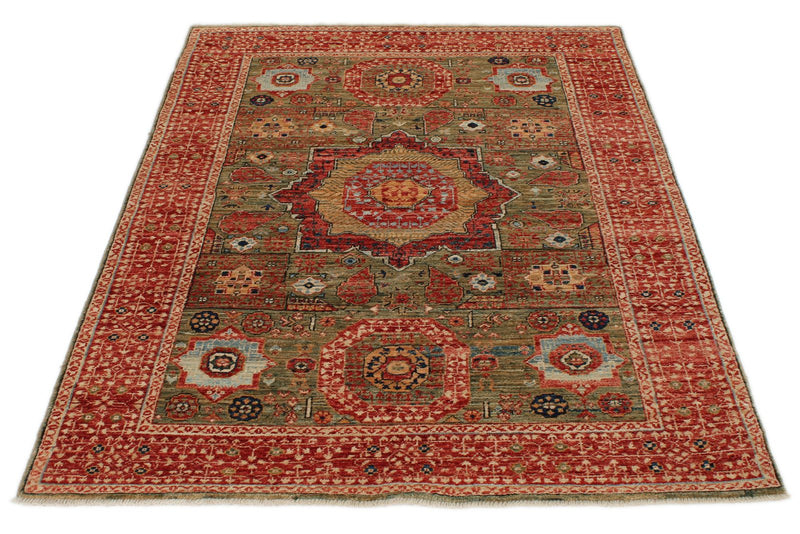 4x6 Green and Red Turkish Tribal Rug