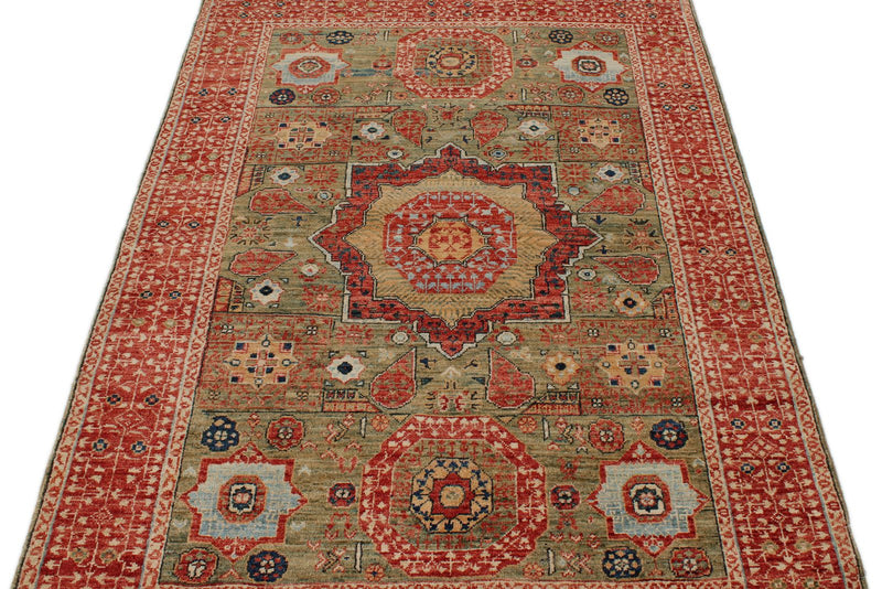 4x6 Green and Red Turkish Tribal Rug