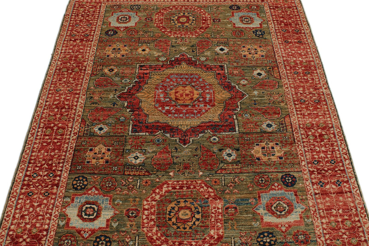 4x6 Green and Red Turkish Tribal Rug