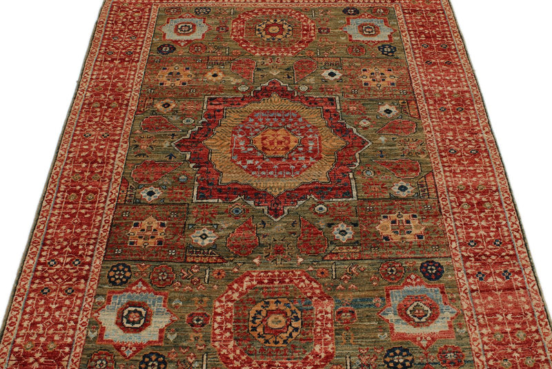 4x6 Green and Red Turkish Tribal Rug