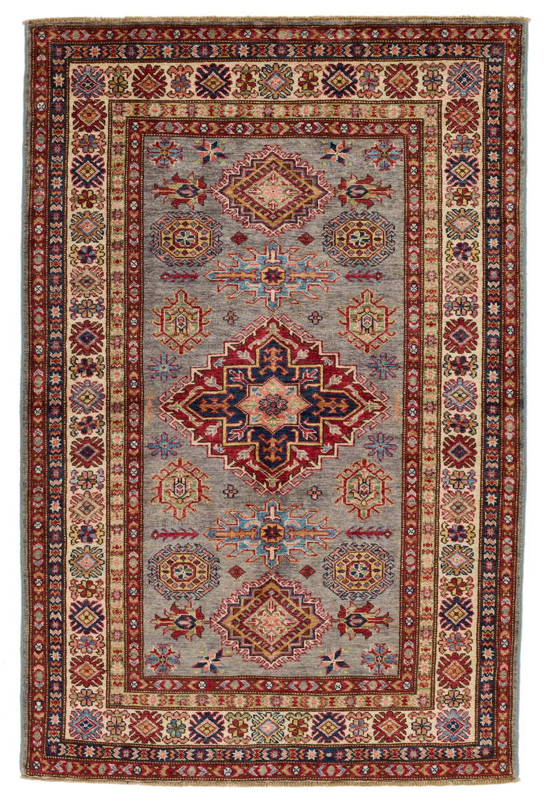 4x6 Gray and Ivory Kazak Tribal Rug