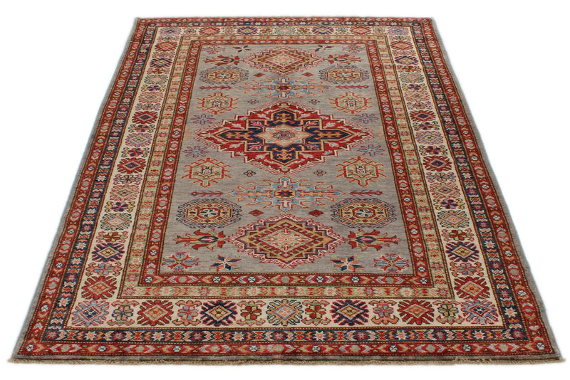 4x6 Gray and Ivory Kazak Tribal Rug