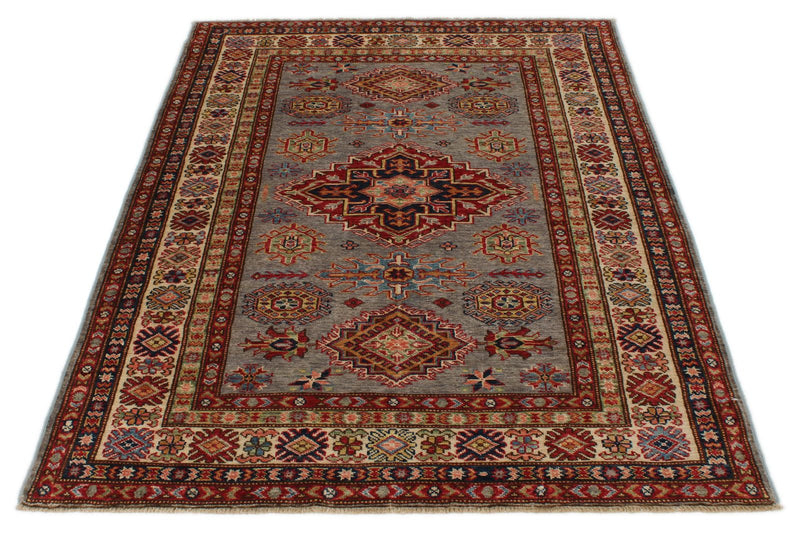 4x6 Gray and Ivory Kazak Tribal Rug