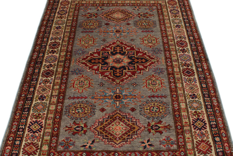 4x6 Gray and Ivory Kazak Tribal Rug