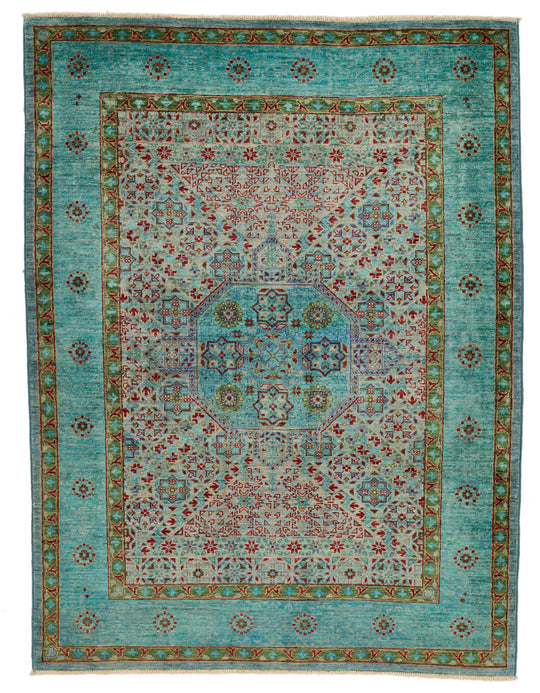 4x6 Light Blue and Multicolor Turkish Tribal Rug