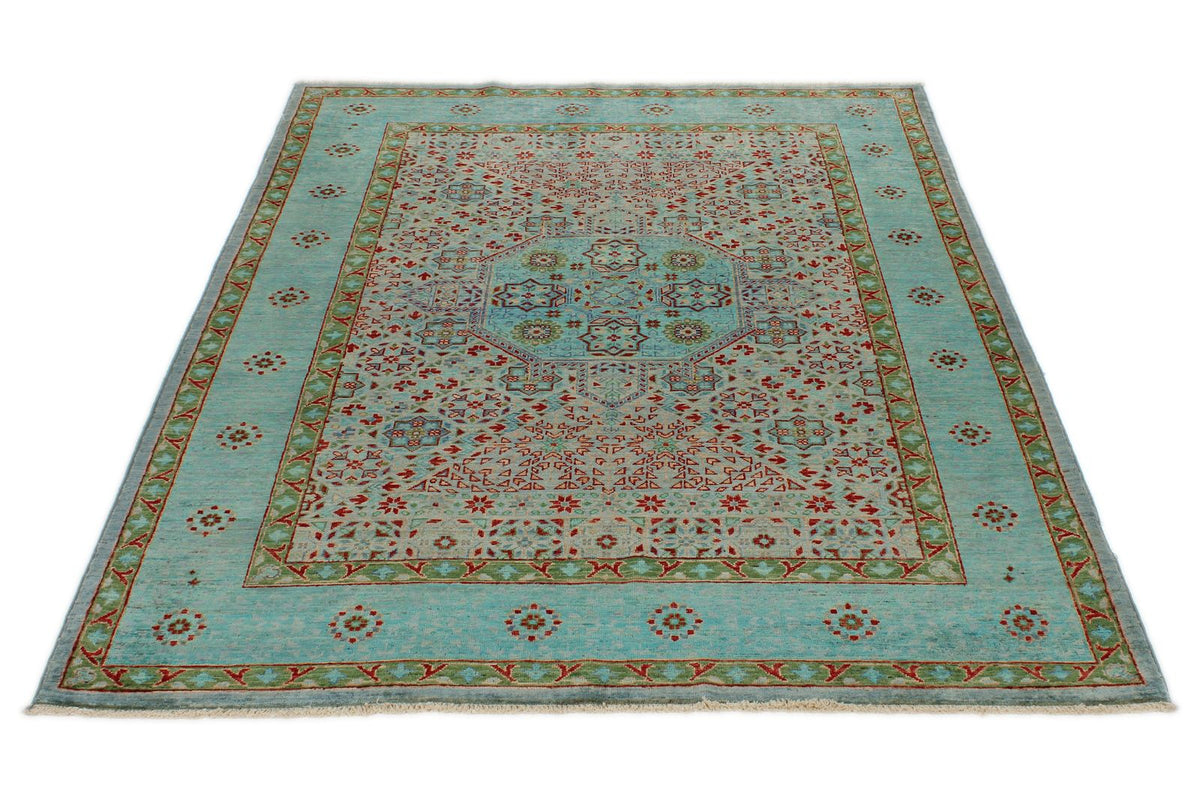 4x6 Light Blue and Multicolor Turkish Tribal Rug