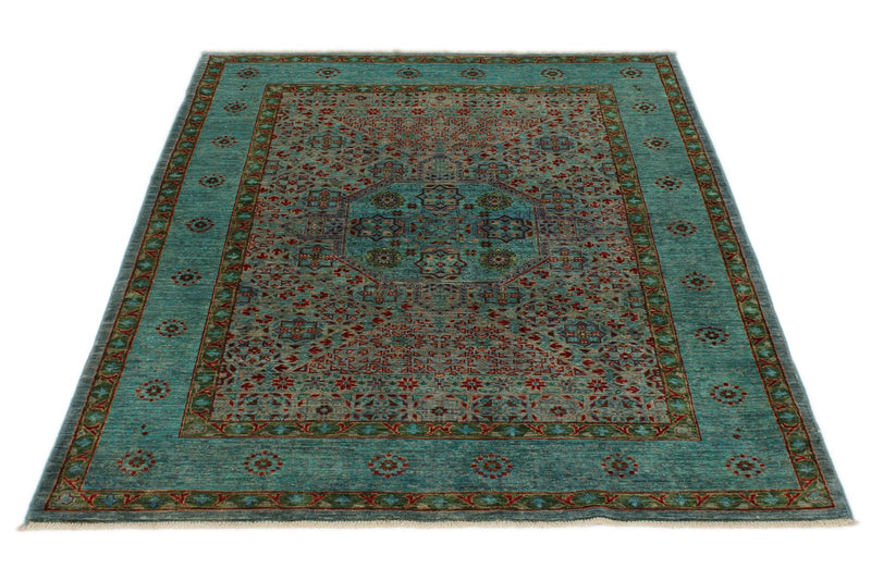 4x6 Light Blue and Multicolor Turkish Tribal Rug