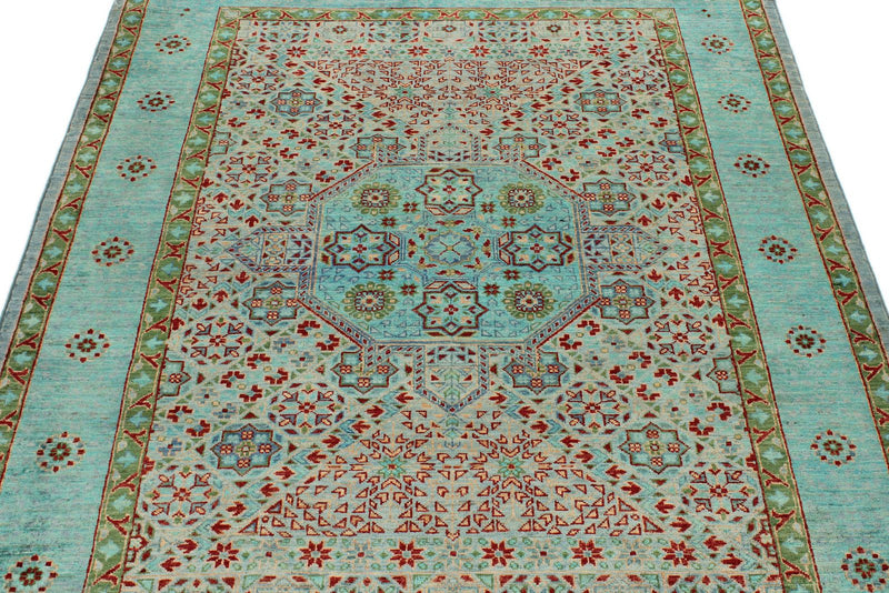 4x6 Light Blue and Multicolor Turkish Tribal Rug