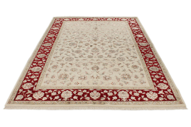 6x9 Ivory and Red Turkish Silk Rug