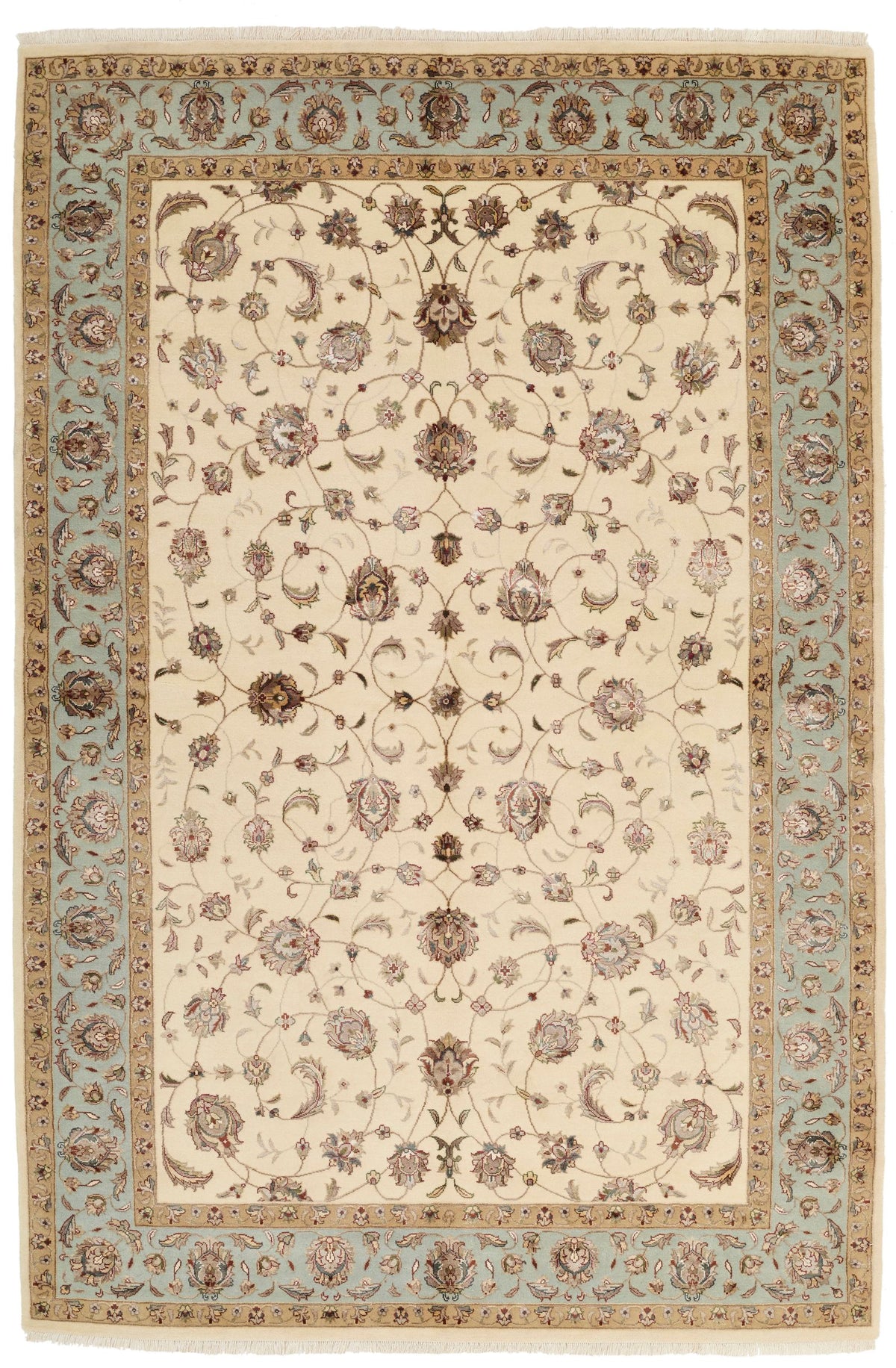6x9 Ivory and Light Blue Turkish Silk Rug