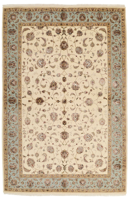 6x9 Ivory and Light Blue Turkish Silk Rug
