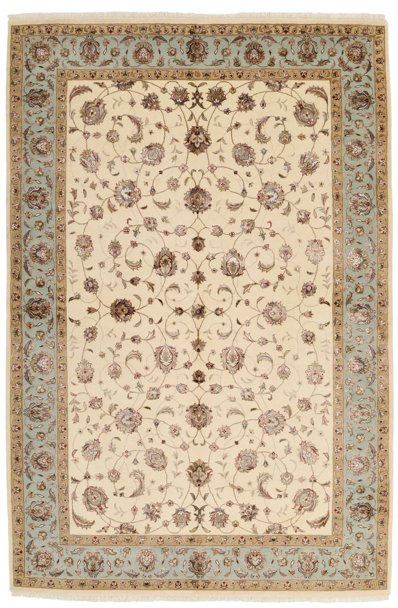 6x9 Ivory and Light Blue Turkish Silk Rug