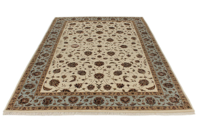 6x9 Ivory and Light Blue Turkish Silk Rug