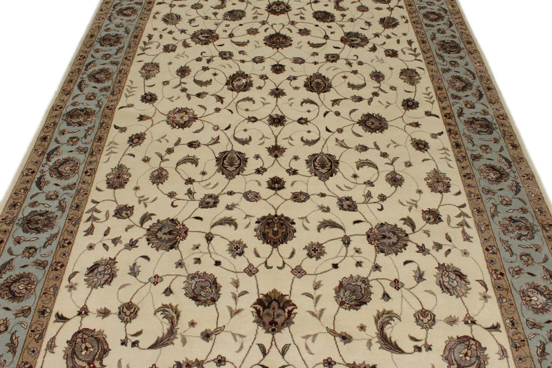 6x9 Ivory and Light Blue Turkish Silk Rug