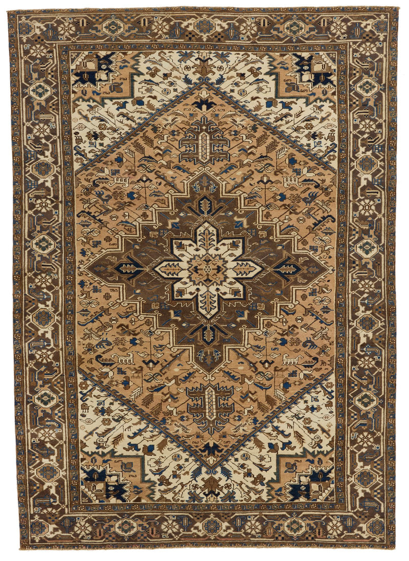 7x9 Ivory and Brown Turkish Oushak Rug