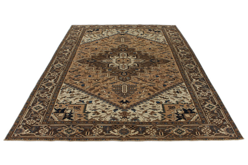 7x9 Ivory and Brown Turkish Oushak Rug