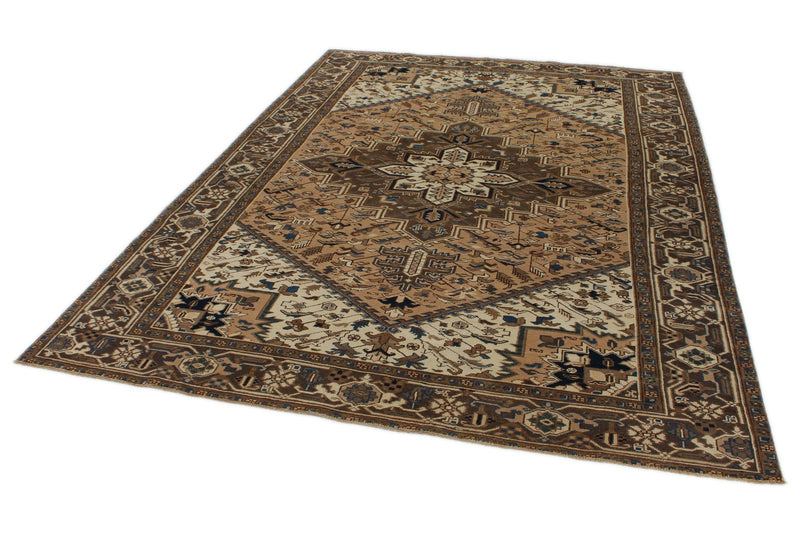 7x9 Ivory and Brown Turkish Oushak Rug