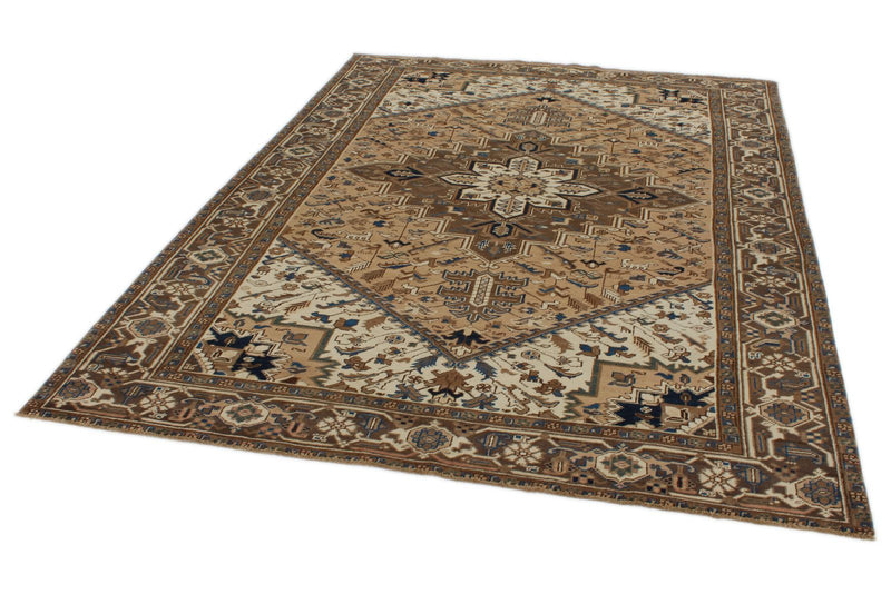 7x9 Ivory and Brown Turkish Oushak Rug
