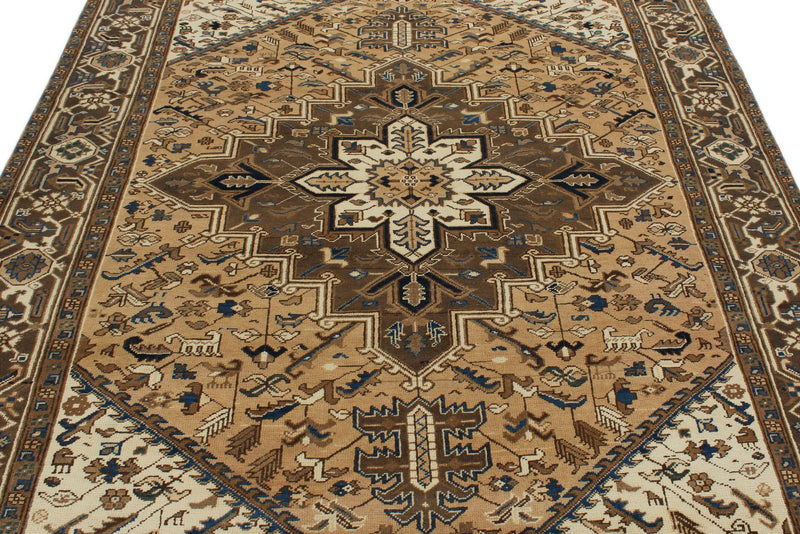 7x9 Ivory and Brown Turkish Oushak Rug