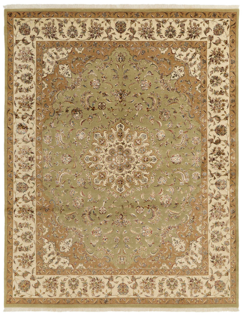 8x10 Light Green and Ivory Turkish Silk Rug