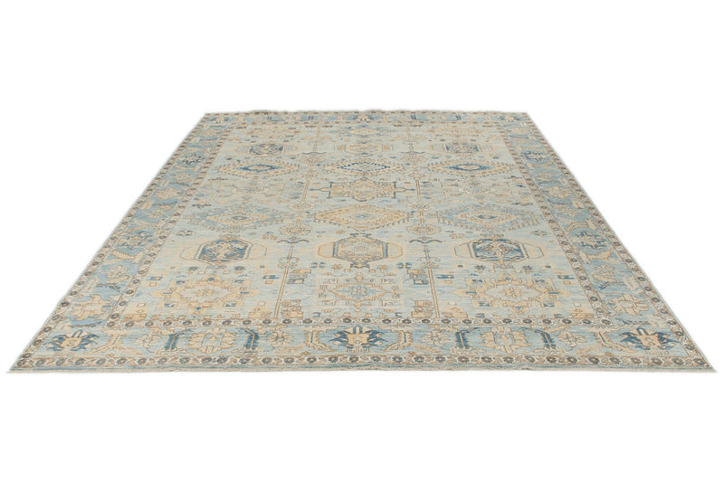 9x11 Light Blue and Blue Anatolian Traditional Rug