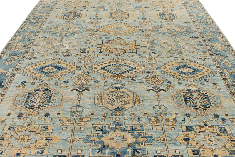 9x11 Light Blue and Blue Anatolian Traditional Rug