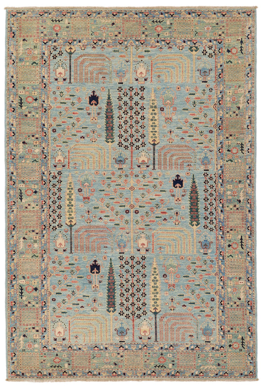 5x8 Blue and Green Traditional Rug
