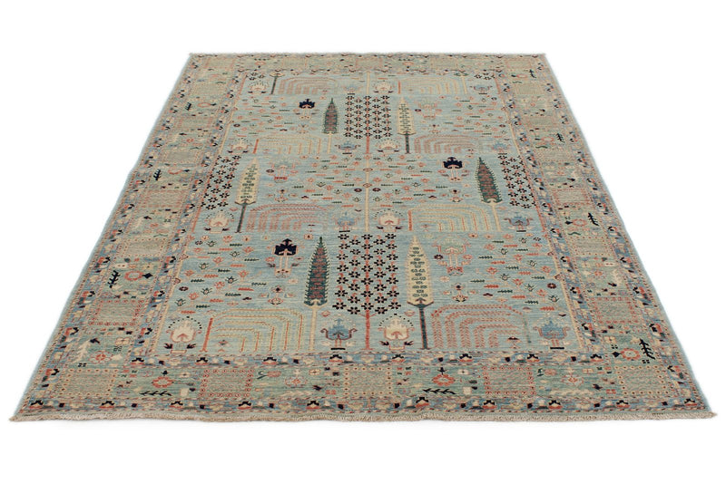 5x8 Blue and Green Traditional Rug