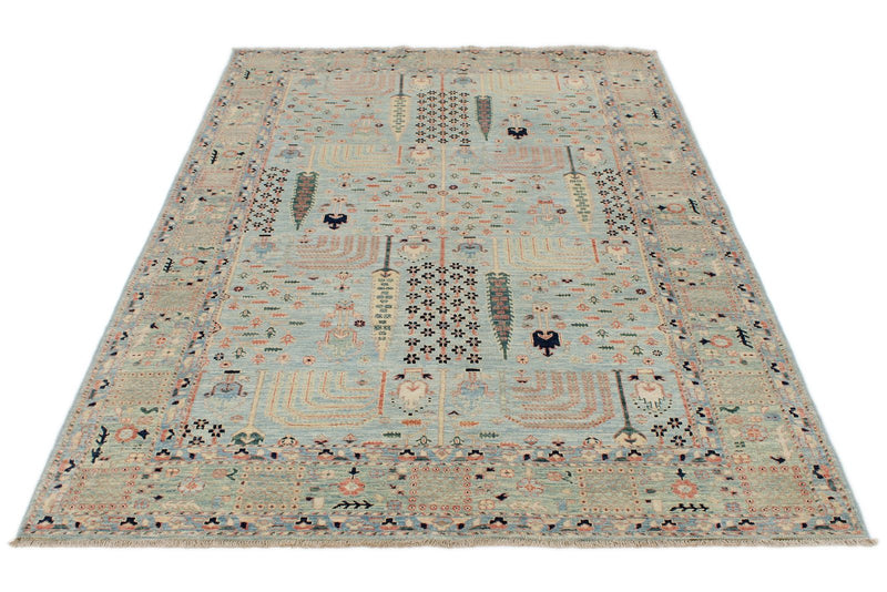 5x8 Blue and Green Traditional Rug