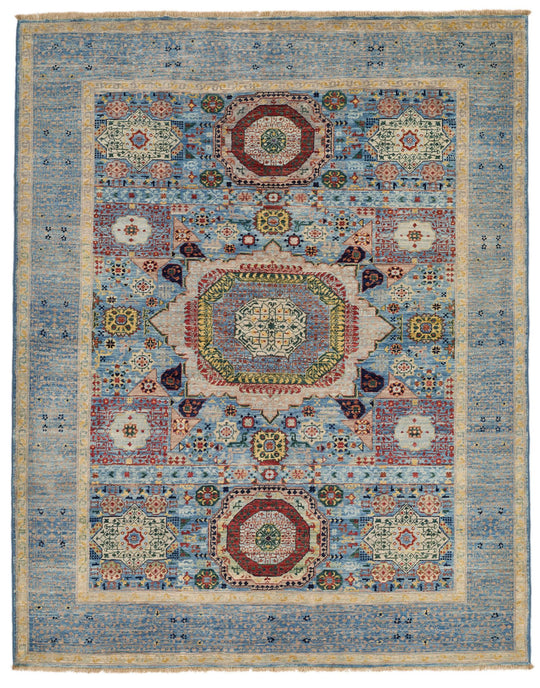 5x6 Light Blue and Multicolor Turkish Tribal Rug