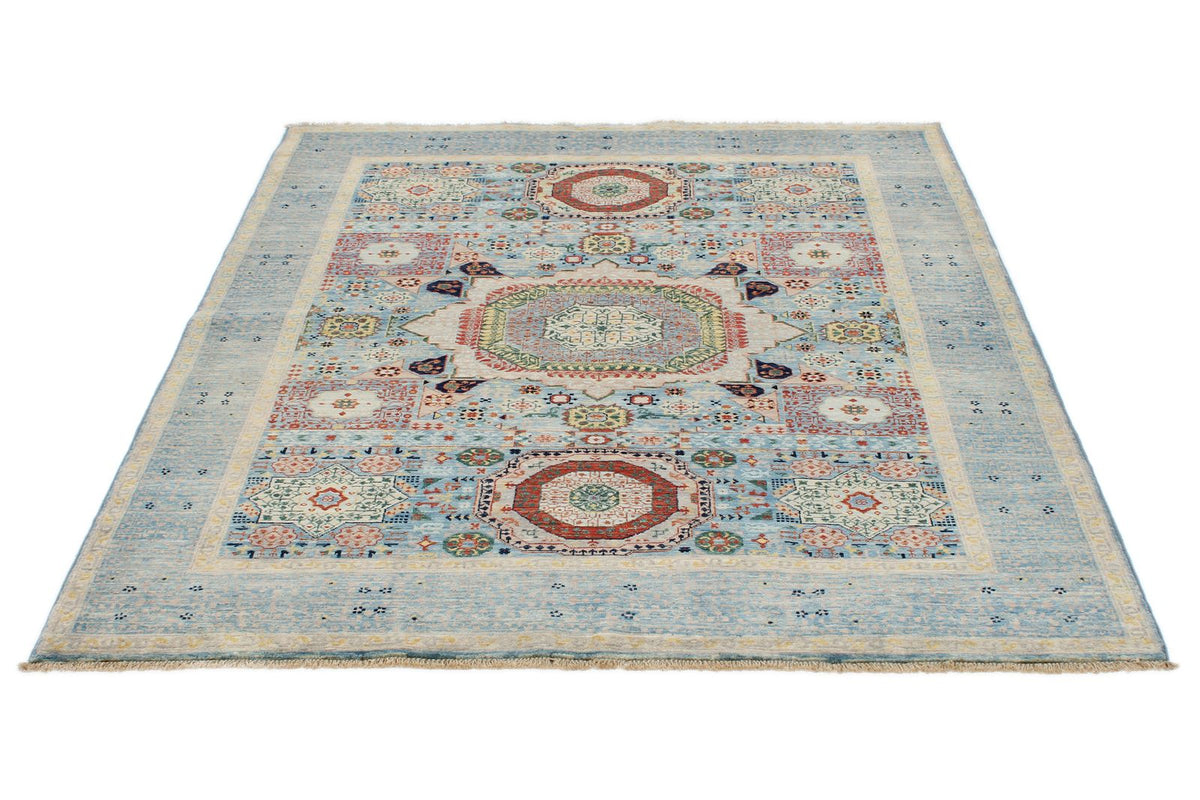 5x6 Light Blue and Multicolor Turkish Tribal Rug