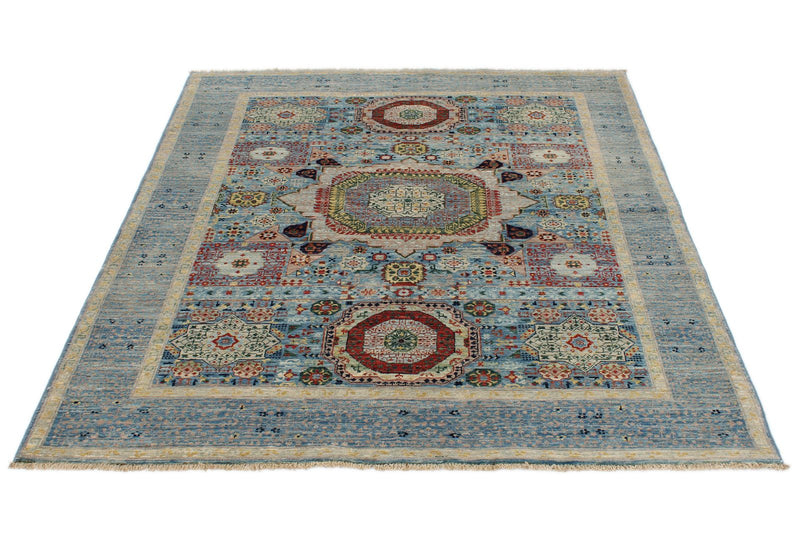 5x6 Light Blue and Multicolor Turkish Tribal Rug